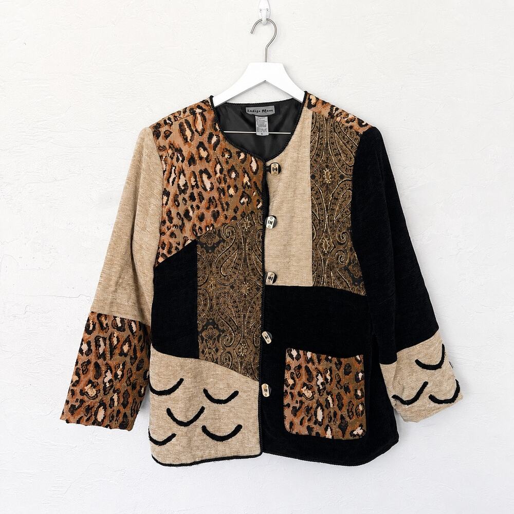 Indigo Moon Leopard Patchwork Tapestry Art-to-Wear Jacket L